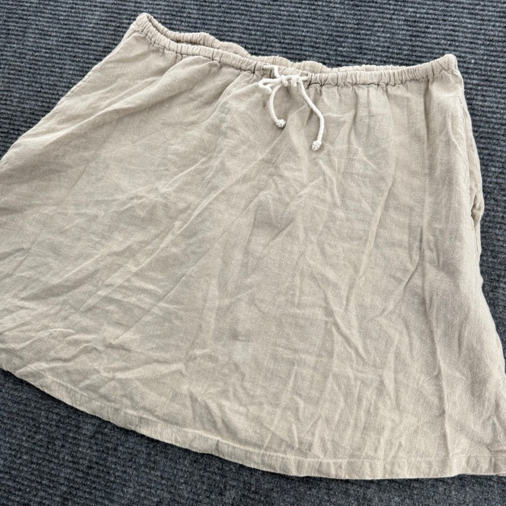 Dr Flax One Size Tan Beige 100% Linen Mini Skirt Drawstring Waist Pockets